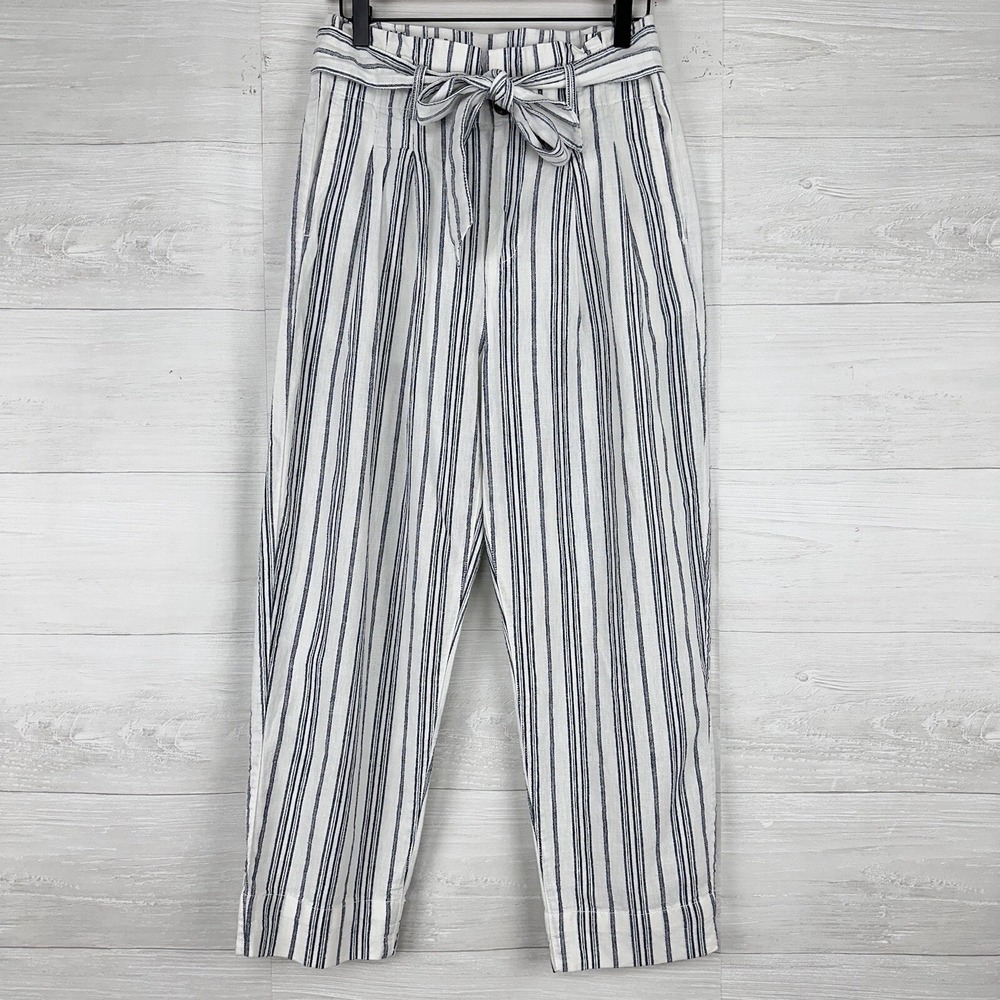 Madewell Pants Size 4 Linen Cotton Paperbag High Rise White Blue Stripe Coastal‎